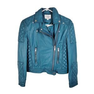 Sipos New York women blue leather quilted full zip moto jacket size XS biker
